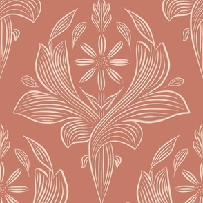 large scale // Classic Botanical Line Art - Terracotta Red, Very Pale Taupe - classic vintage floral
