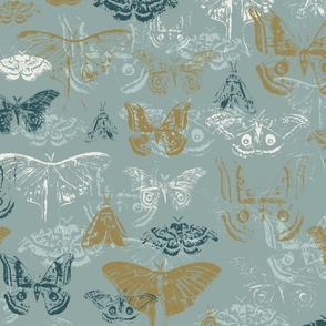 Moths, Vintage Moths, Teal, Mustard Yellow, Blue