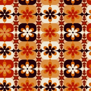 Large // Groovy Blossoms: Retro 1970s Checkered Flowers - Orange & Brown