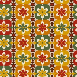 Large // Groovy Blossoms: Retro 1970s Checkered Flowers - Red, Green, Yellow & Orange