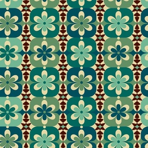 Large // Groovy Blossoms: Retro 1970s Checkered Flowers - Green & Brown