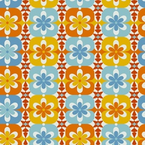 Large // Groovy Blossoms: Retro 1970s Checkered Flowers - Blue, Yellow, Orange
