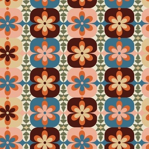 Large // Groovy Blossoms: Retro 1970s Checkered Flowers - Pink & Brown