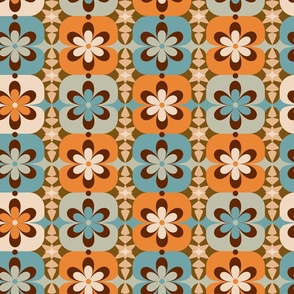 Large // Groovy Blossoms: Retro 1970s Checkered Flowers - Blue & Orange