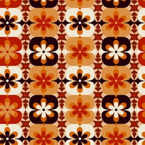 Medium // Groovy Blossoms: Retro 1970s Checkered Flowers - Orange & Brown