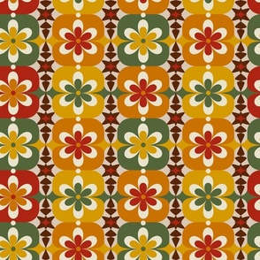 Medium // Groovy Blossoms: Retro 1970s Checkered Flowers - Red, Green, Yellow & Orange