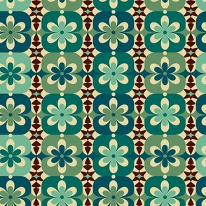 Medium // Groovy Blossoms: Retro 1970s Checkered Flowers - Green & Brown