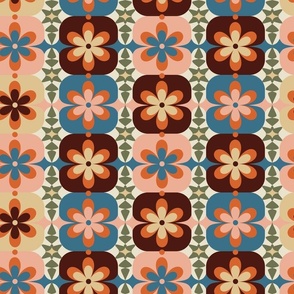 Medium // Groovy Blossoms: Retro 1970s Checkered Flowers - Pink & Brown