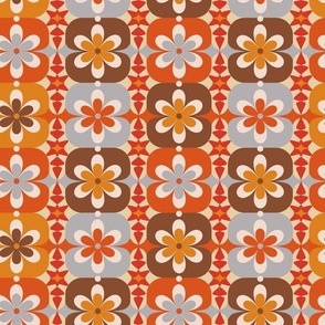 Large // Groovy Blossoms: Retro 1970s Checkered Flowers - Orange & Gray