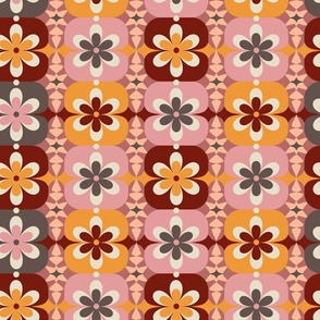 Large // Groovy Blossoms: Retro 1970s Checkered Flowers - Pink & Gray