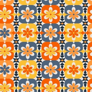 Large // Groovy Blossoms: Retro 1970s Checkered Flowers - Orange & Yellow