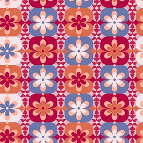 Large // Groovy Blossoms: Retro 1970s Checkered Flowers - Pink & Blue
