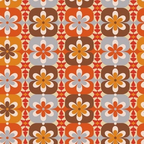 Medium // Groovy Blossoms: Retro 1970s Checkered Flowers - Orange & Gray