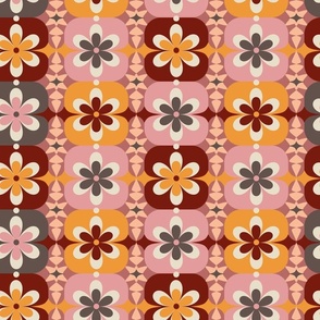 Medium // Groovy Blossoms: Retro 1970s Checkered Flowers - Pink & Gray