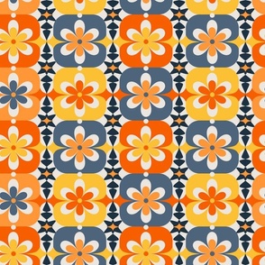 Medium // Groovy Blossoms: Retro 1970s Checkered Flowers - Orange & Yellow