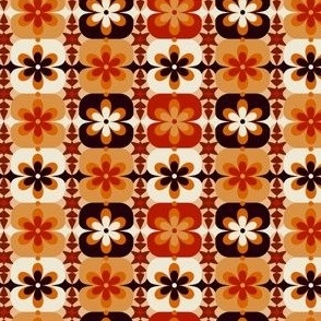 Mini Micro // Groovy Blossoms: Retro 1970s Checkered Flowers - Orange & Brown