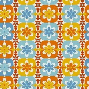 Small // Groovy Blossoms: Retro 1970s Checkered Flowers - Blue, Yellow, Orange