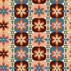 Small // Groovy Blossoms: Retro 1970s Checkered Flowers - Pink & Brown