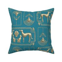 Vintage 1930s Glam Greyhound and Cat  in 3D Effect in Bronze on Blue Large