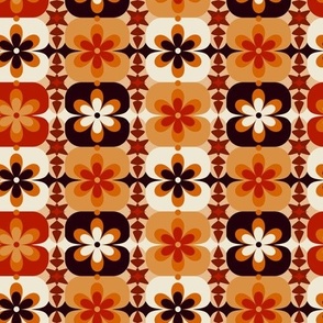 Small // Groovy Blossoms: Retro 1970s Checkered Flowers - Orange & Brown