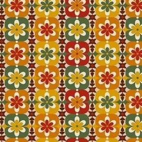 Mini Micro // Groovy Blossoms: Retro 1970s Checkered Flowers - Red, Green, Yellow & Orange