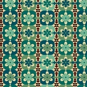 Mini Micro // Groovy Blossoms: Retro 1970s Checkered Flowers - Green & Brown