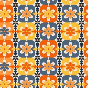 Small // Groovy Blossoms: Retro 1970s Checkered Flowers - Orange & Yellow