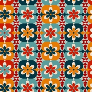 Small // Groovy Blossoms: Retro 1970s Checkered Flowers - Red & Blue