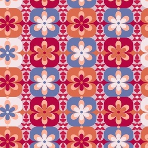 Small // Groovy Blossoms: Retro 1970s Checkered Flowers - Pink & Blue