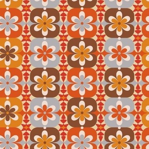 Small // Groovy Blossoms: Retro 1970s Checkered Flowers - Orange & Gray