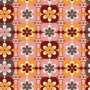 Small // Groovy Blossoms: Retro 1970s Checkered Flowers - Pink & Gray
