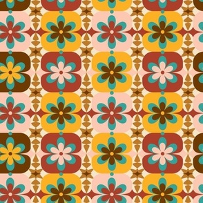 Small // Groovy Blossoms: Retro 1970s Checkered Flowers - Pink & Yellow