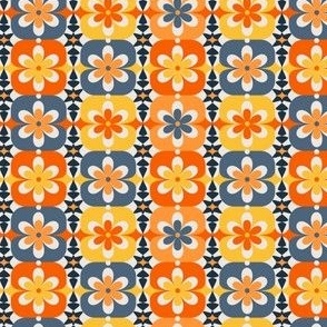 Mini Micro // Groovy Blossoms: Retro 1970s Checkered Flowers - Orange & Yellow
