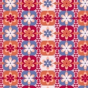 Mini Micro // Groovy Blossoms: Retro 1970s Checkered Flowers - Pink & Blue