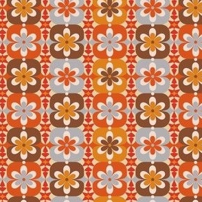 Mini Micro // Groovy Blossoms: Retro 1970s Checkered Flowers - Orange & Gray