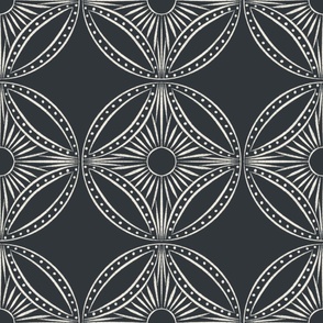 Floral Medallions - Inkwell Dark Grey, Greek Villa White - Hand Drawn Circular Tile