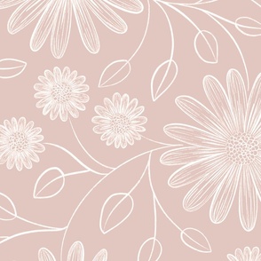 Elegant Floral Line Art - Soft Muted Pink, White - Hand Drawn Botanical