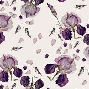 small retro hummingbirds / purple Iris / flower / floral / vintage