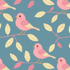 Charming Pink Birds On Blue - Whimsical Nature Pattern