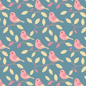 Small Charming Pink Birds On Blue - Whimsical Nature Pattern