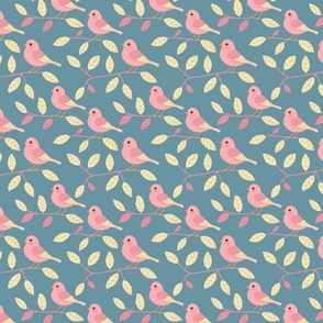 Tiny Charming Pink Birds On Blue - Whimsical Nature Pattern