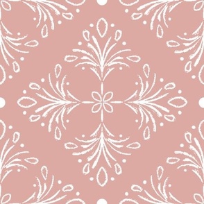 Rustic floral diamond in white on pink 