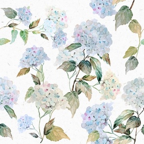 Large Soft Vintage Light Blue Hydrangea Flowers / White / Green / Grey Watercolor