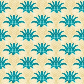 (Medium) Art Deco Watercolor Pineapple Summer Scallops in Teal Turquoise and Yellow