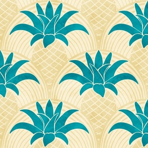 (Large) Art Deco Watercolor Pineapple Summer Scallops in Teal Turquoise and Yellow