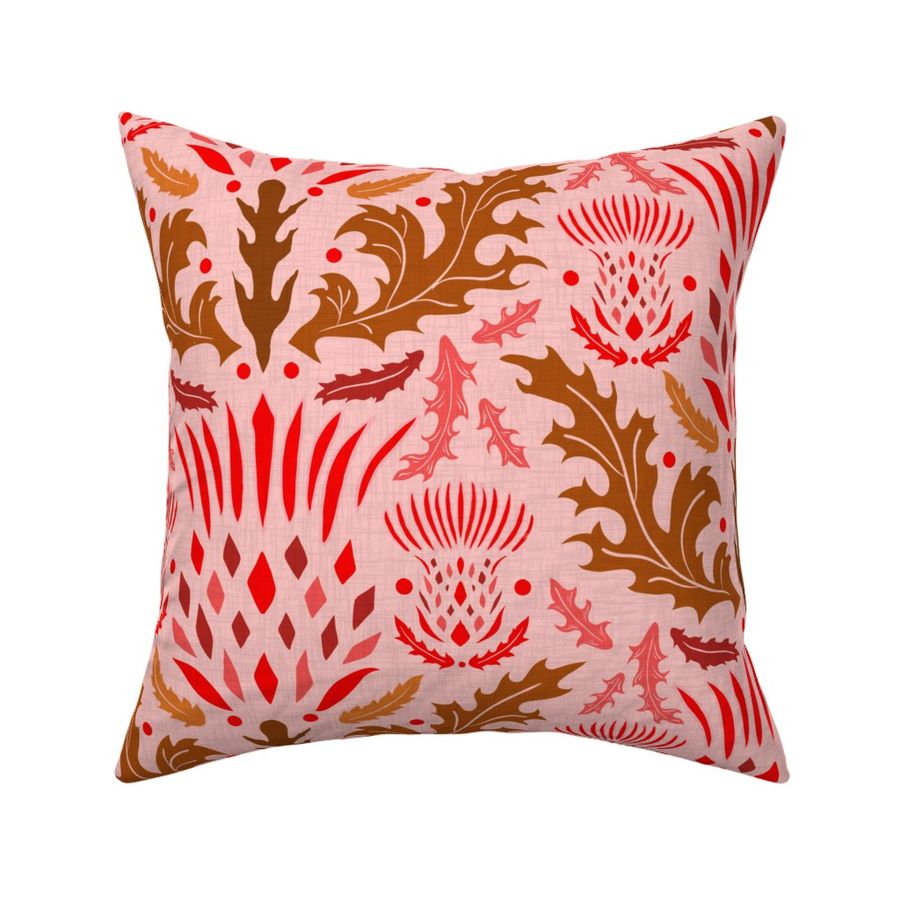 Thistle damask, red, brown on pink (l) 