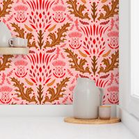 Thistle damask, red, brown on pink (l) 