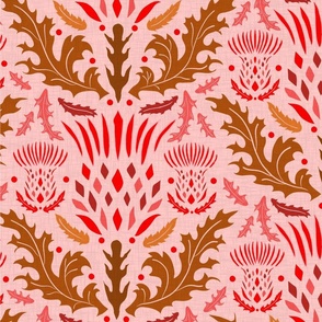 Thistle damask, red, brown on pink (l) 