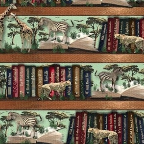 Wild Animals Literature, Magical Mint Green Bookshelf Wallpaper, Childs Reading Nook, Playful Animal Book Wall, Zoo Keeper, Love Reading, Academic Book Shop, Tranquil Reading Retreat, Students Zoology Room Inspiration, Modern Cheetah Zebra Giraffe Collage