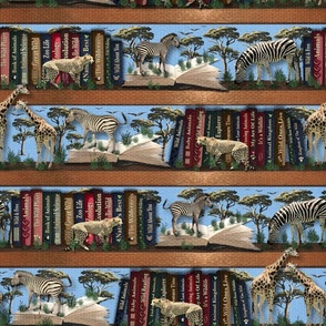 Wildlife Reading Adventures, Cheetahs Giraffe Zebra Whimsical Storybook Wallpaper, Book Lovers Animal Print, Sweet Boy Girl Baby Zebra Stripes, Wild Leopard Spots, Wildlife Reading Nook, Whimsical Animal Jungle Safari, Enchanted Sky Blue Library Landscape